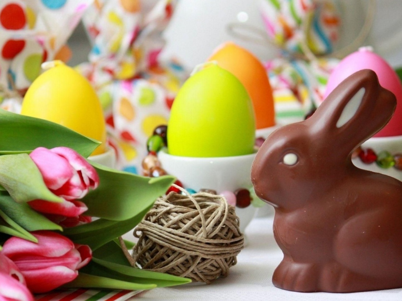 Easter Rabbit Chocolate Eggs Flowers Twine