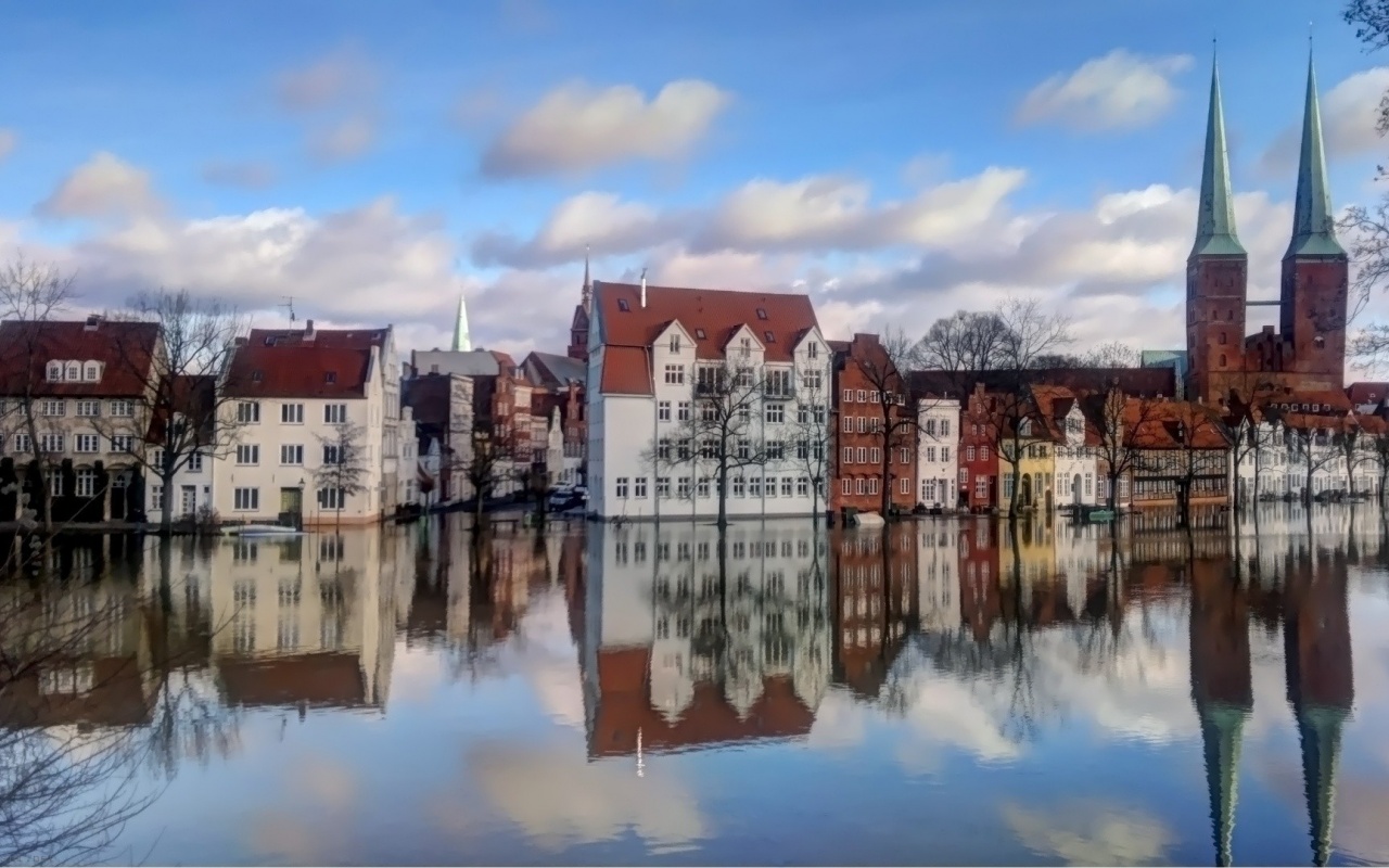 Europe Town Houses Buildings Trees Water Reflection Sky Clouds City