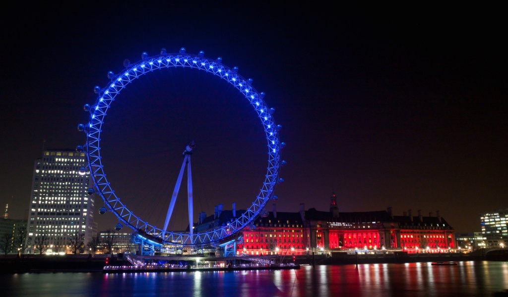 Evening City Lights Lights Illumination Ferris Wheel Buildings Houses Quay River Reflection