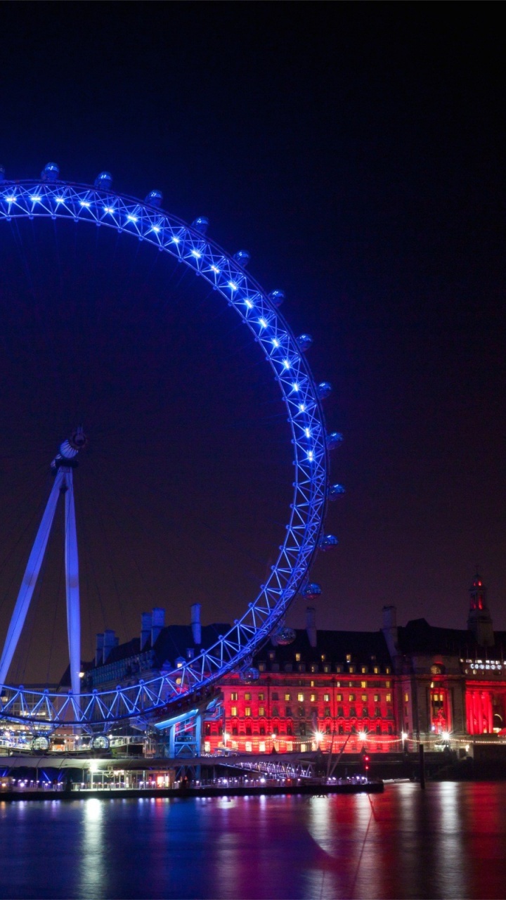 Evening City Lights Lights Illumination Ferris Wheel Buildings Houses Quay River Reflection