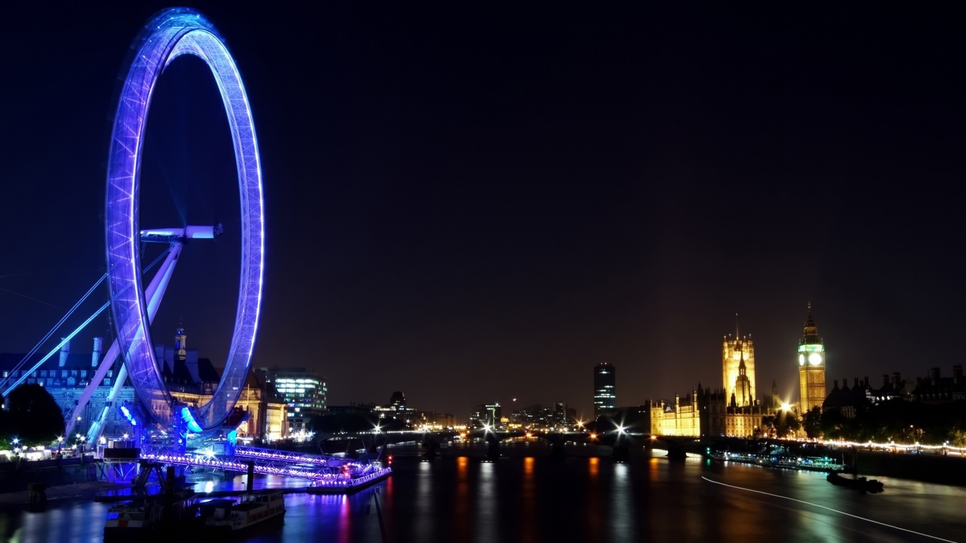 Eye Night Lights Ferris Wheel London England Great Britain Building River Thames Uk City Landscape