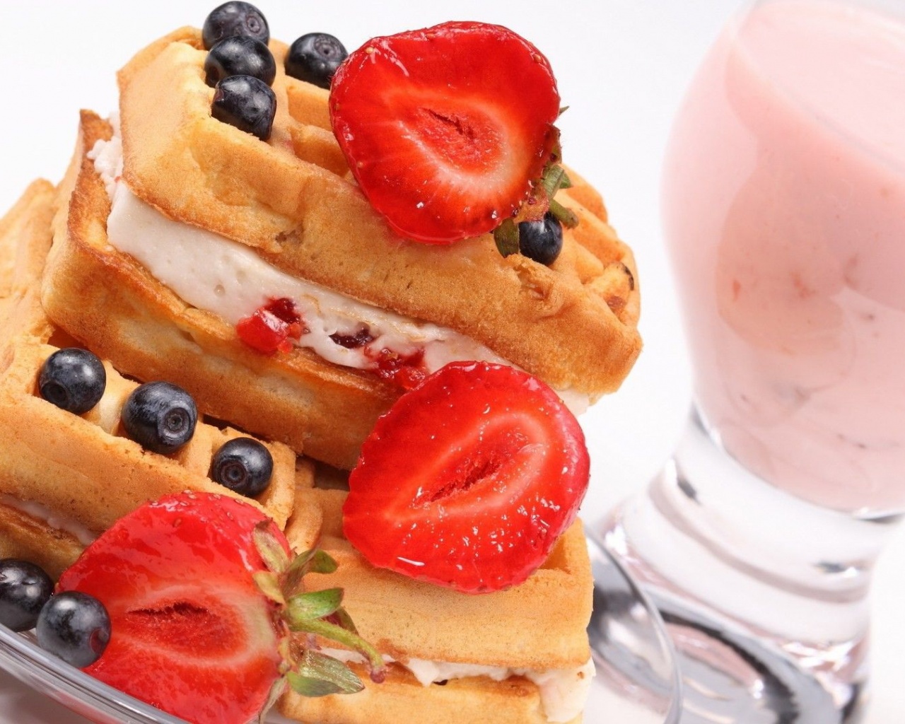 Food Waffles Cream Strawberries Blueberries