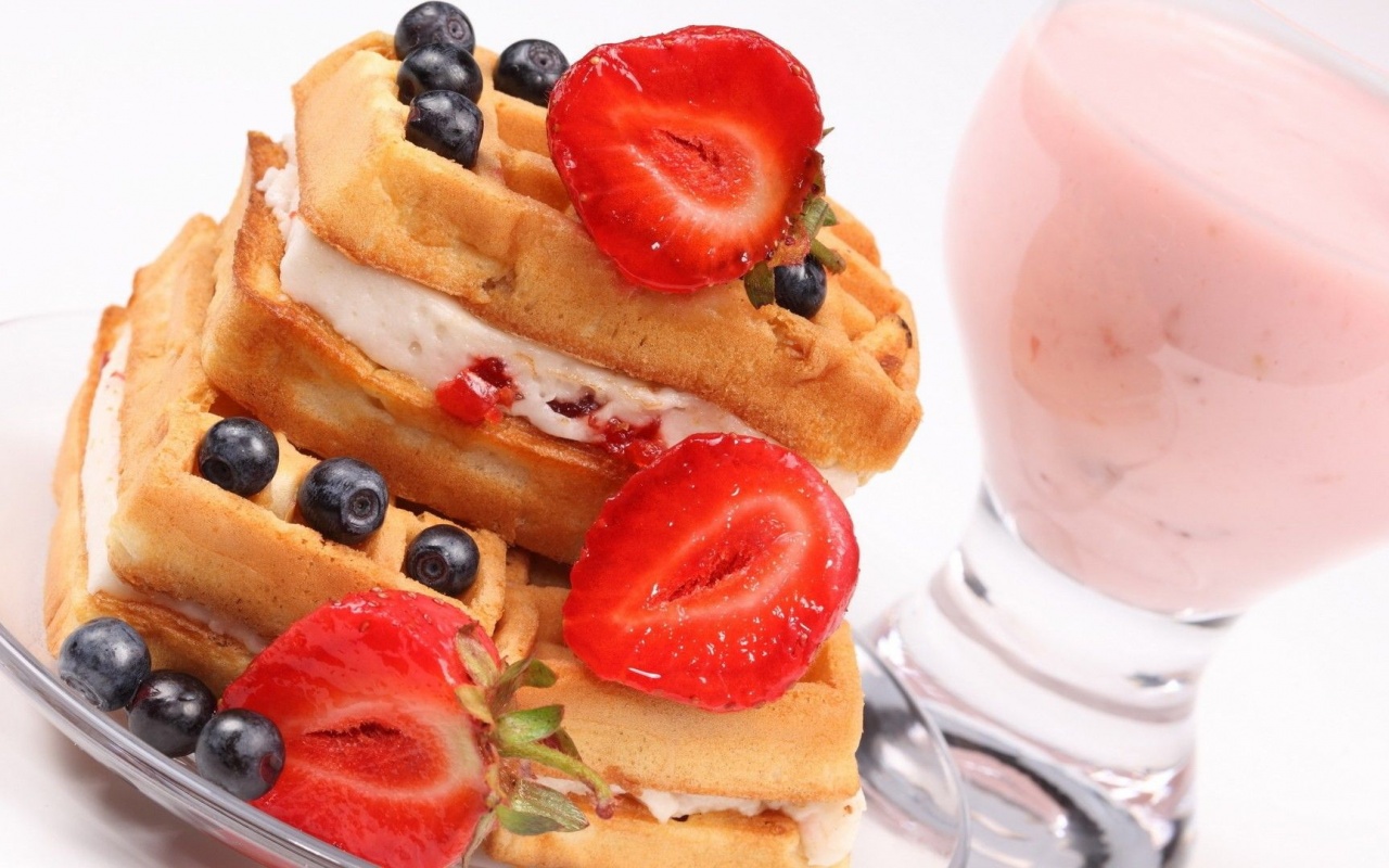 Food Waffles Cream Strawberries Blueberries