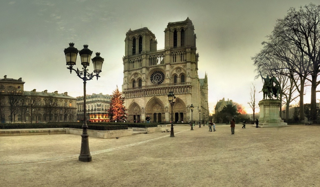 France Notre Dame De Paris Paris Tree Winter New Year Area Notre Dame Lights City Landscape