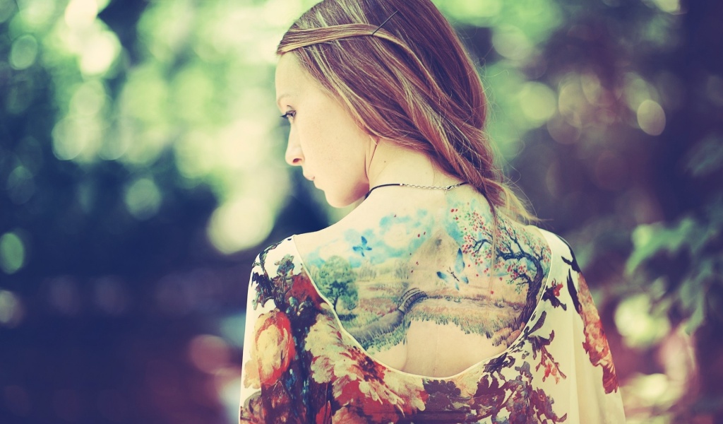 Girl Back Dress Tattoos Nature Background Style Fashion