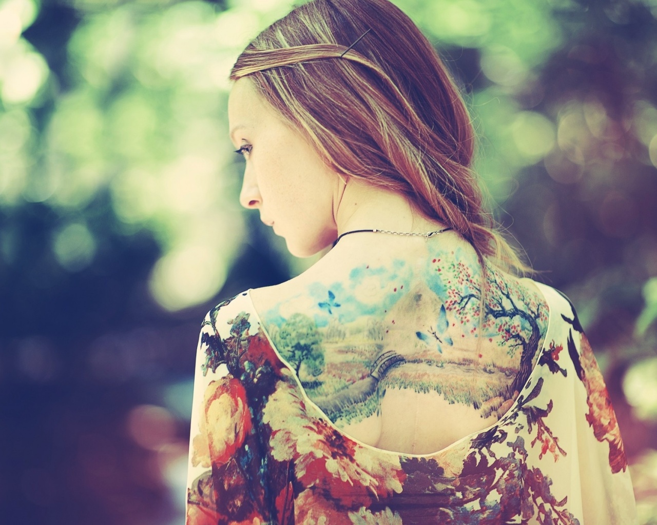 Girl Back Dress Tattoos Nature Background Style Fashion