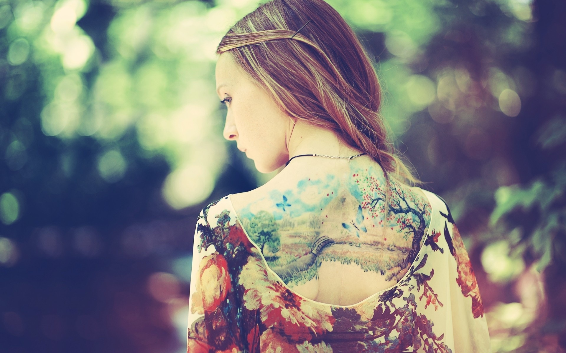 Girl Back Dress Tattoos Nature Background Style Fashion