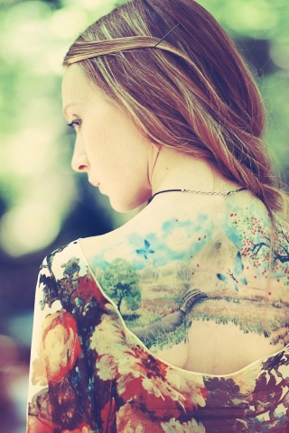 Girl Back Dress Tattoos Nature Background Style Fashion