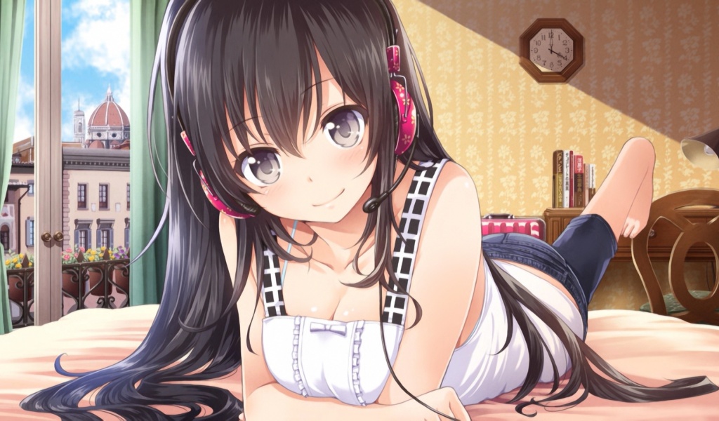 Girl Black Hair Headphones Bed Smile