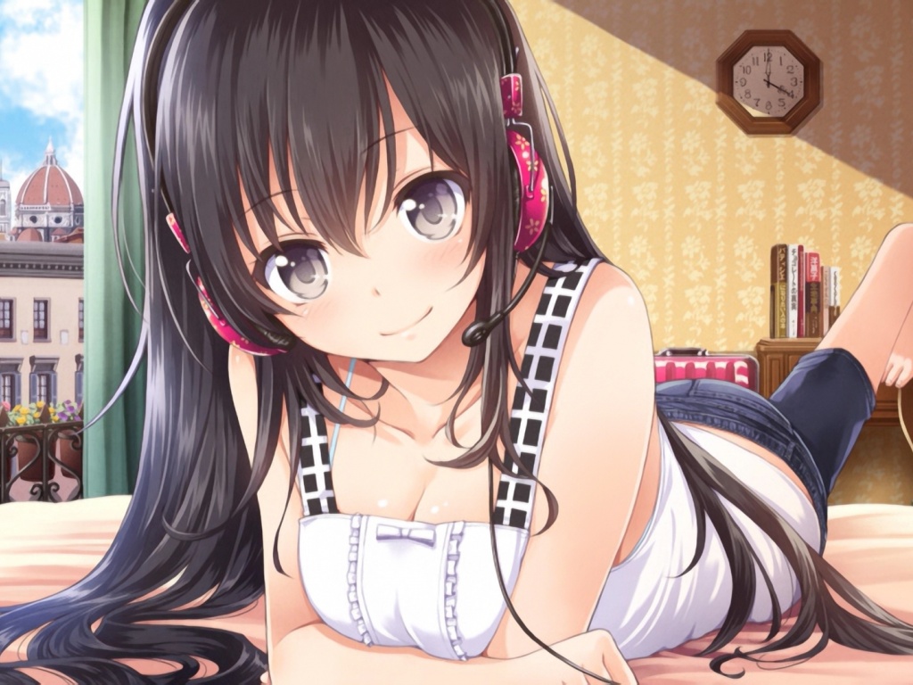 Girl Black Hair Headphones Bed Smile