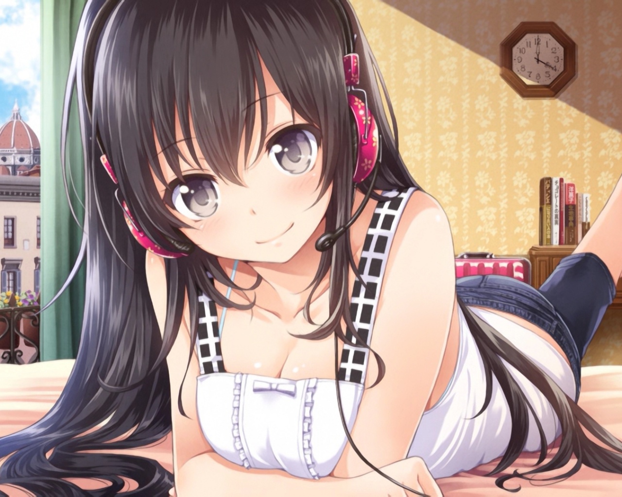 Girl Black Hair Headphones Bed Smile