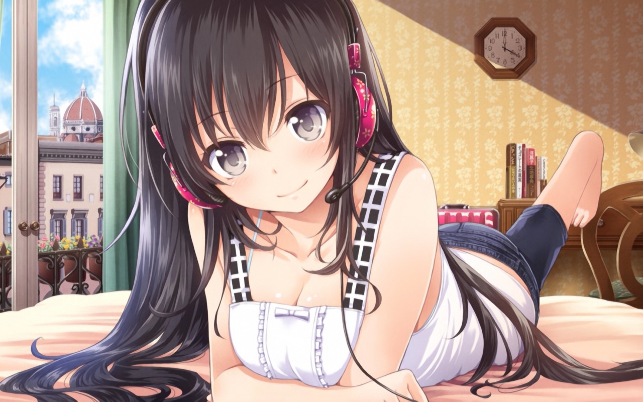 Girl Black Hair Headphones Bed Smile