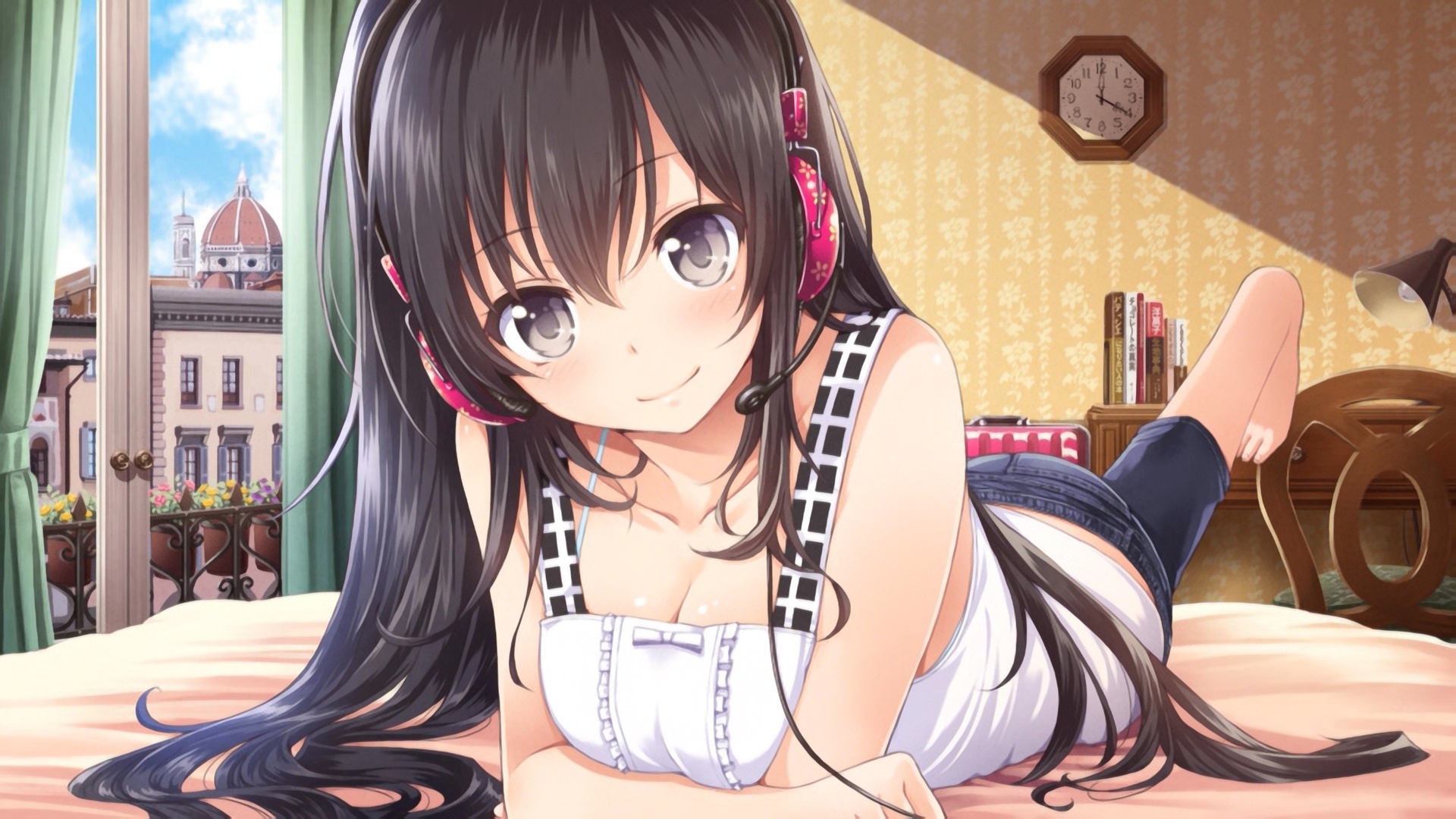 Girl Black Hair Headphones Bed Smile