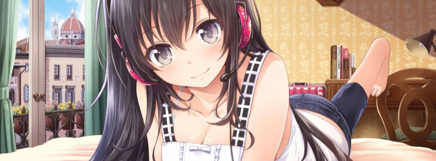 Girl Black Hair Headphones Bed Smile