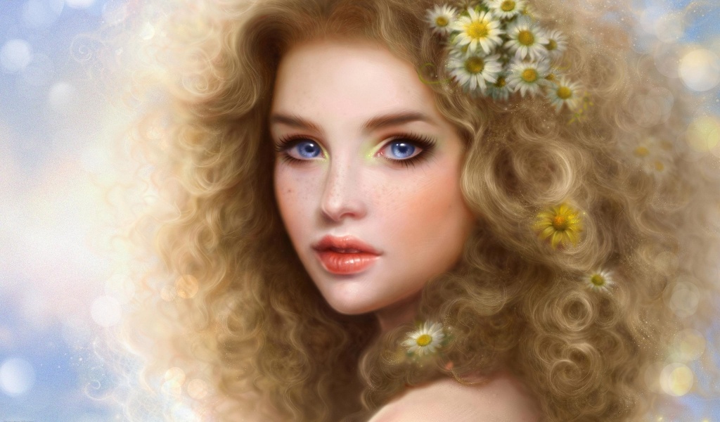 Girl Blonde Blue Eyes Curls Lips Person Camomiles