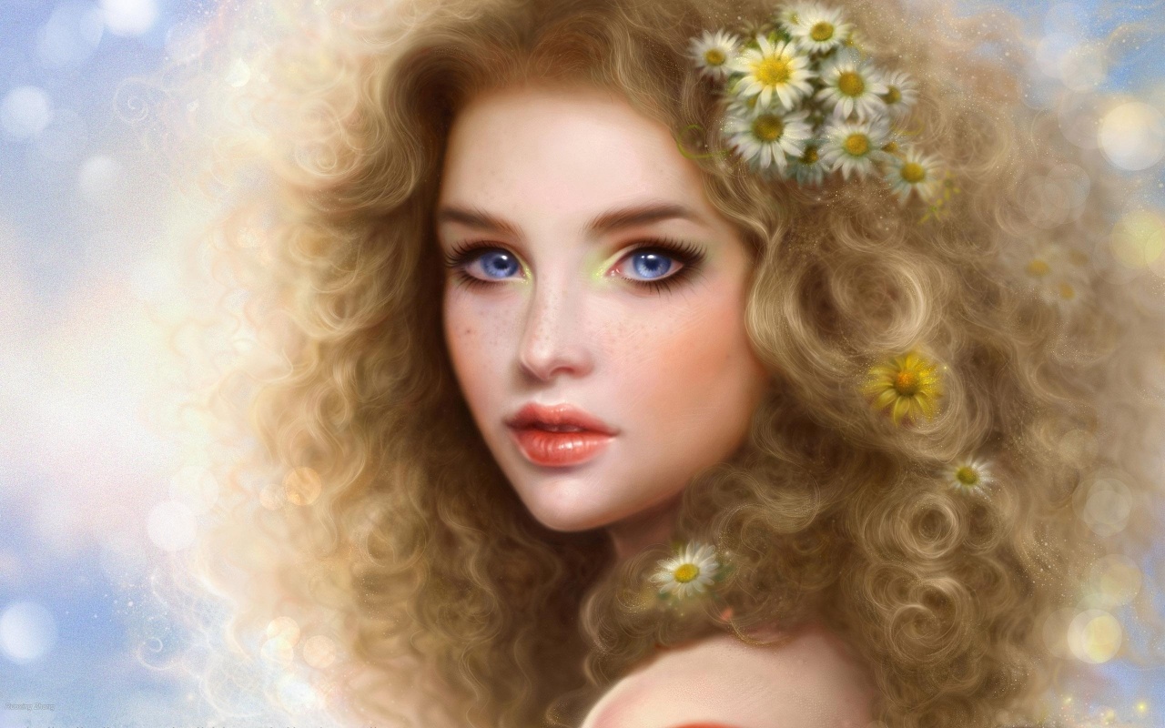 Girl Blonde Blue Eyes Curls Lips Person Camomiles