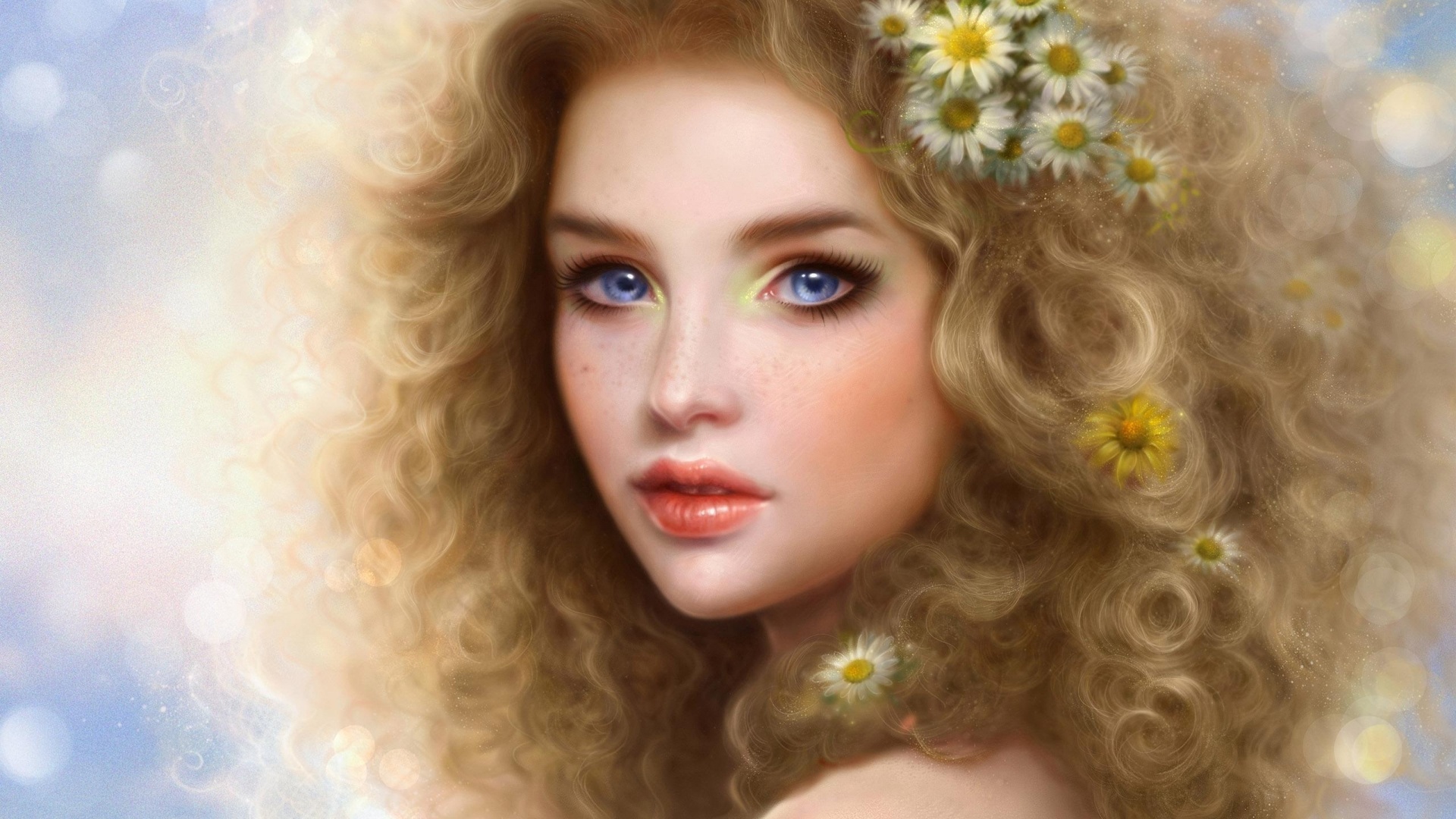 Girl Blonde Blue Eyes Curls Lips Person Camomiles