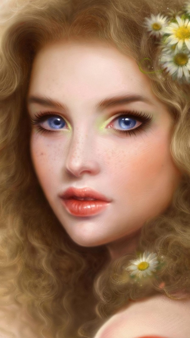 Girl Blonde Blue Eyes Curls Lips Person Camomiles