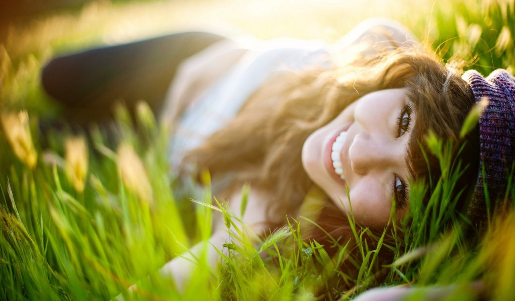 Girl Brunette Model Lying Grass Face