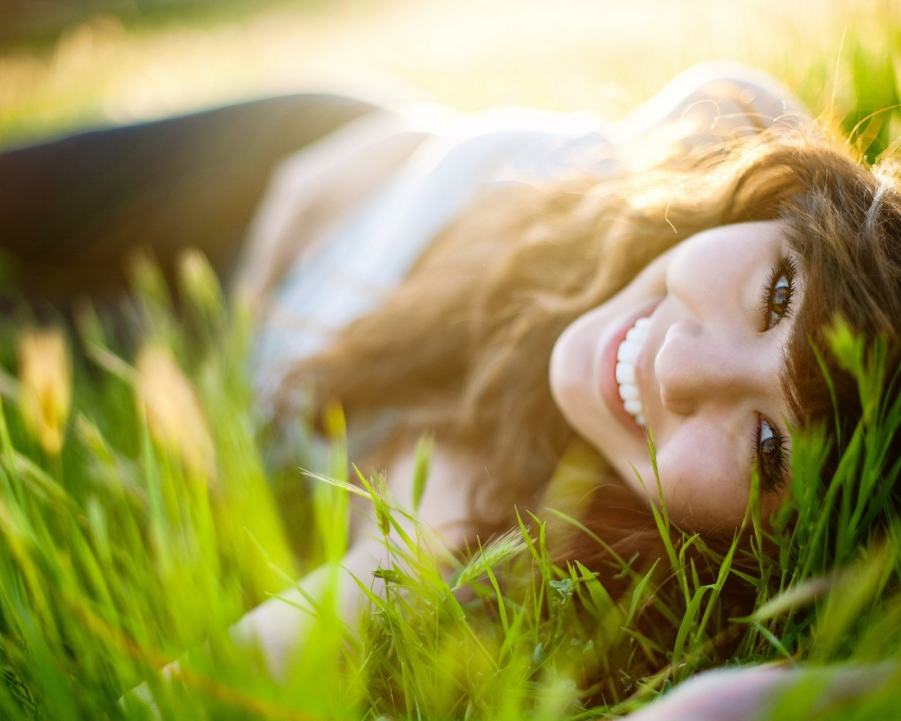 Girl Brunette Model Lying Grass Face