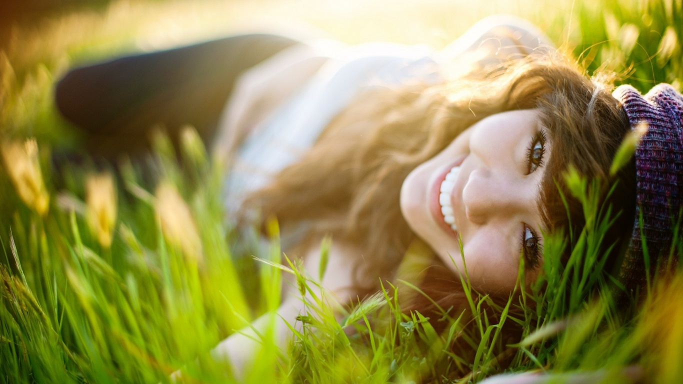 Girl Brunette Model Lying Grass Face