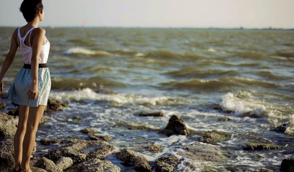 Girl Dress Sea Stone Nature Landscapes