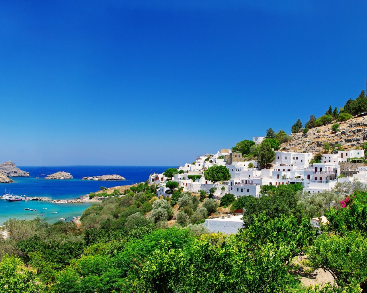 Greece Fortress Coast Houses Trees Nature