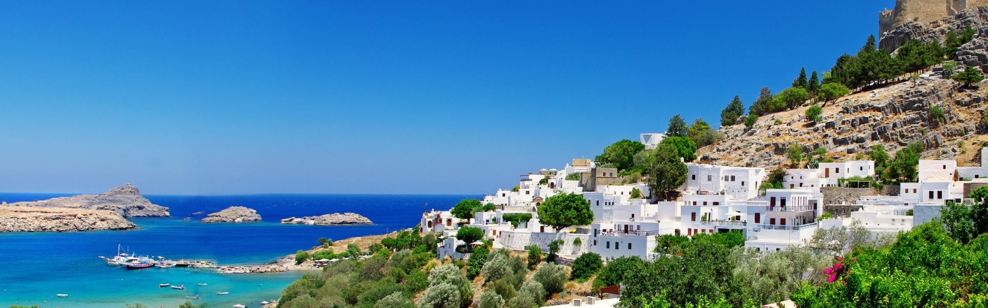 Greece Fortress Coast Houses Trees Nature