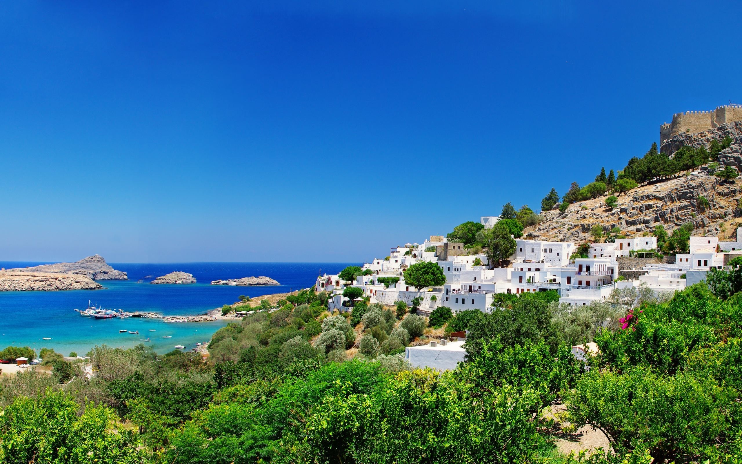 Greece Fortress Coast Houses Trees Nature