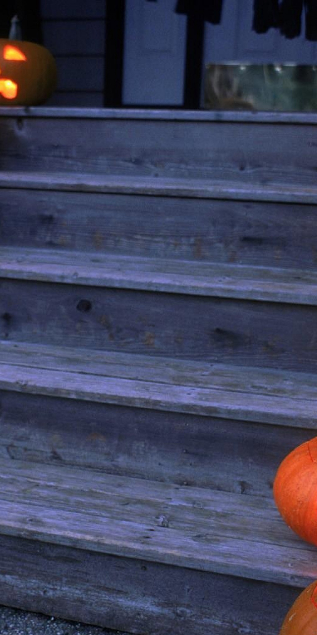 Halloween Pumpkins On Wooden Stairs