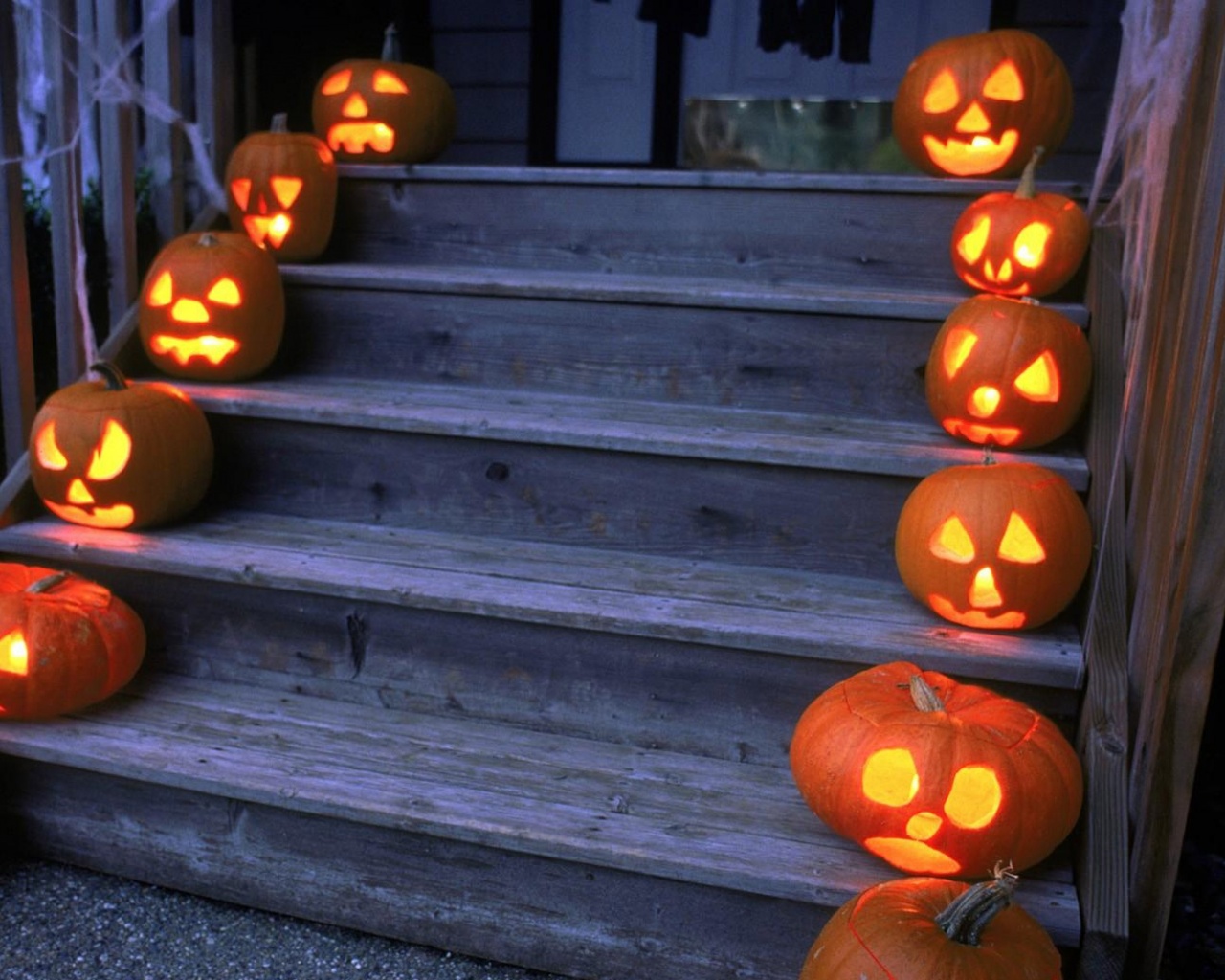 Halloween Pumpkins On Wooden Stairs