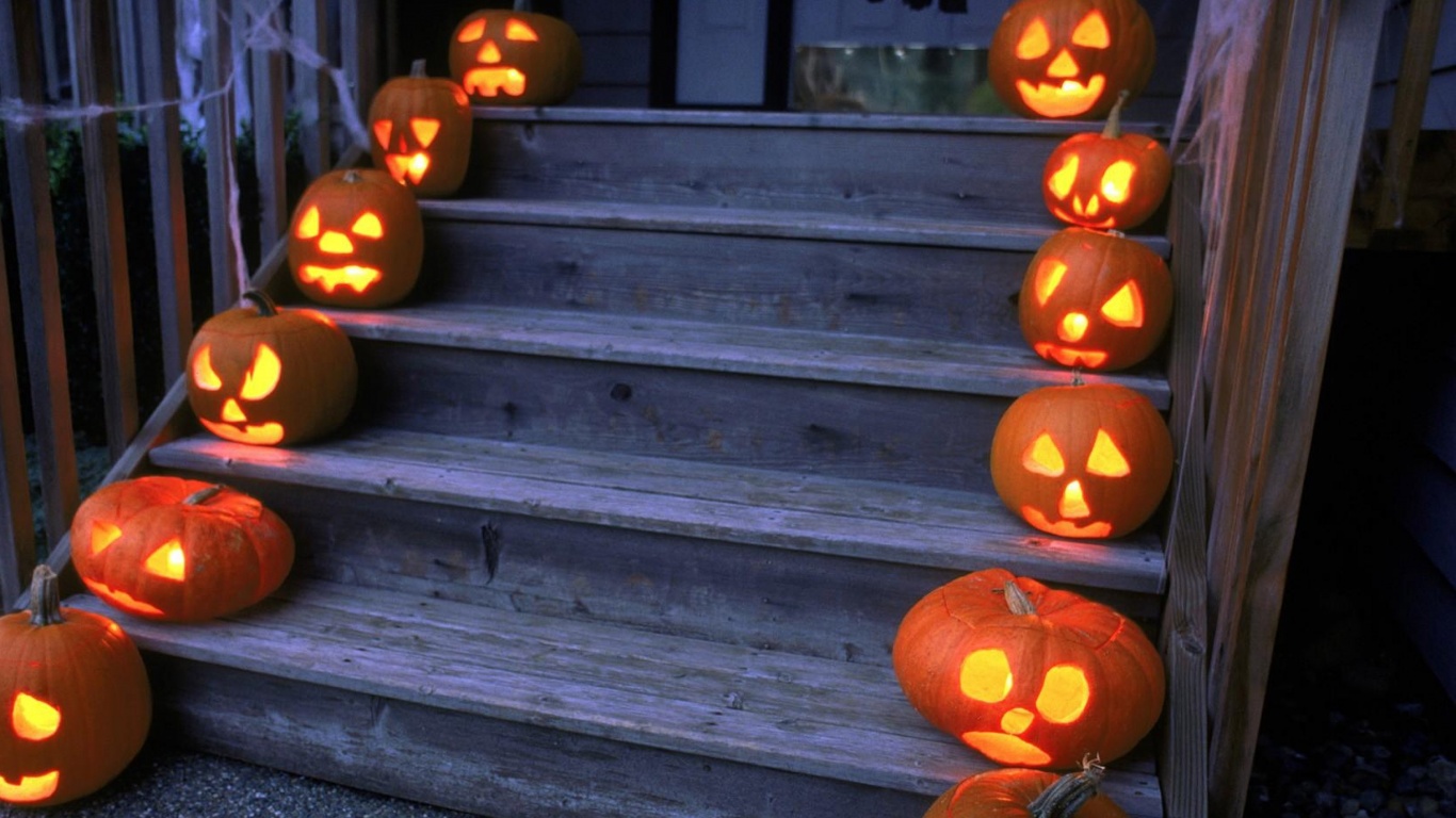 Halloween Pumpkins On Wooden Stairs