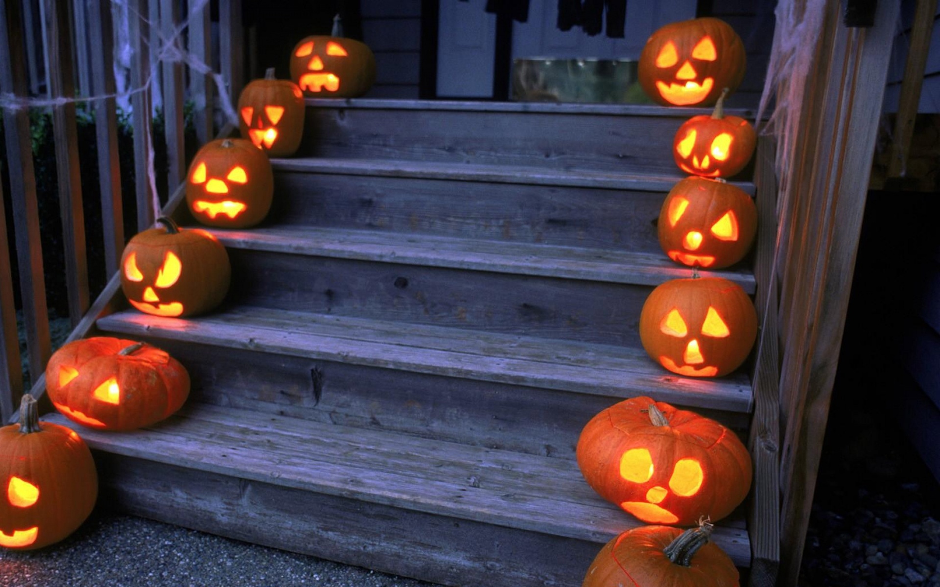 Halloween Pumpkins On Wooden Stairs