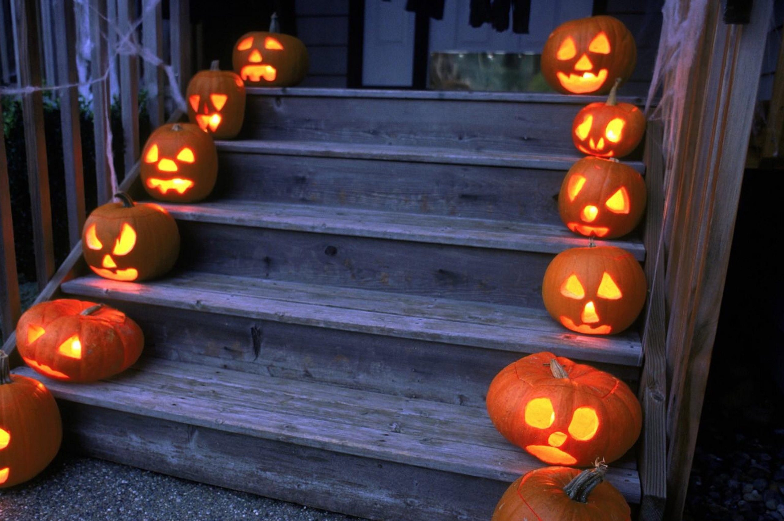 Halloween Pumpkins On Wooden Stairs