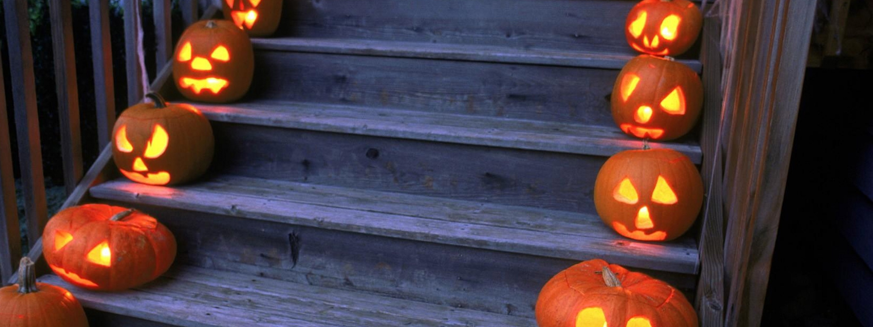 Halloween Pumpkins On Wooden Stairs