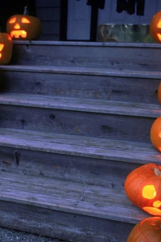 Halloween Pumpkins On Wooden Stairs