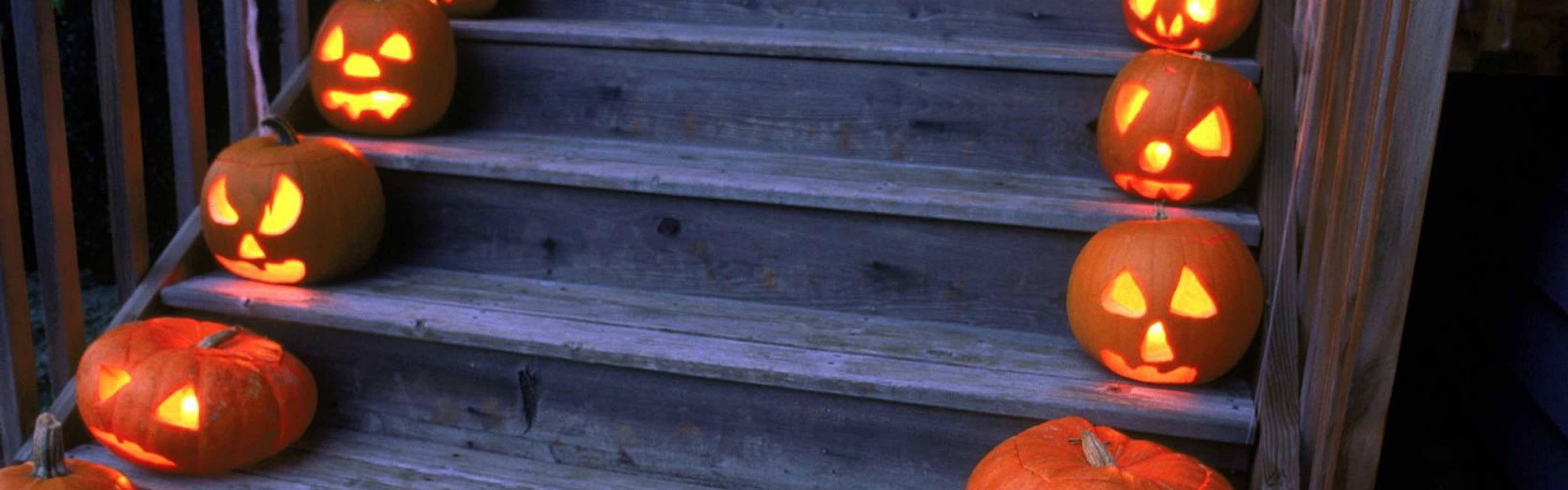 Halloween Pumpkins On Wooden Stairs