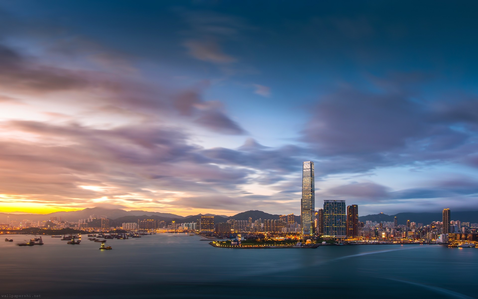 Hong Kong Evening Sunset Sky Clouds Bay Building Fires Port Metropolis City