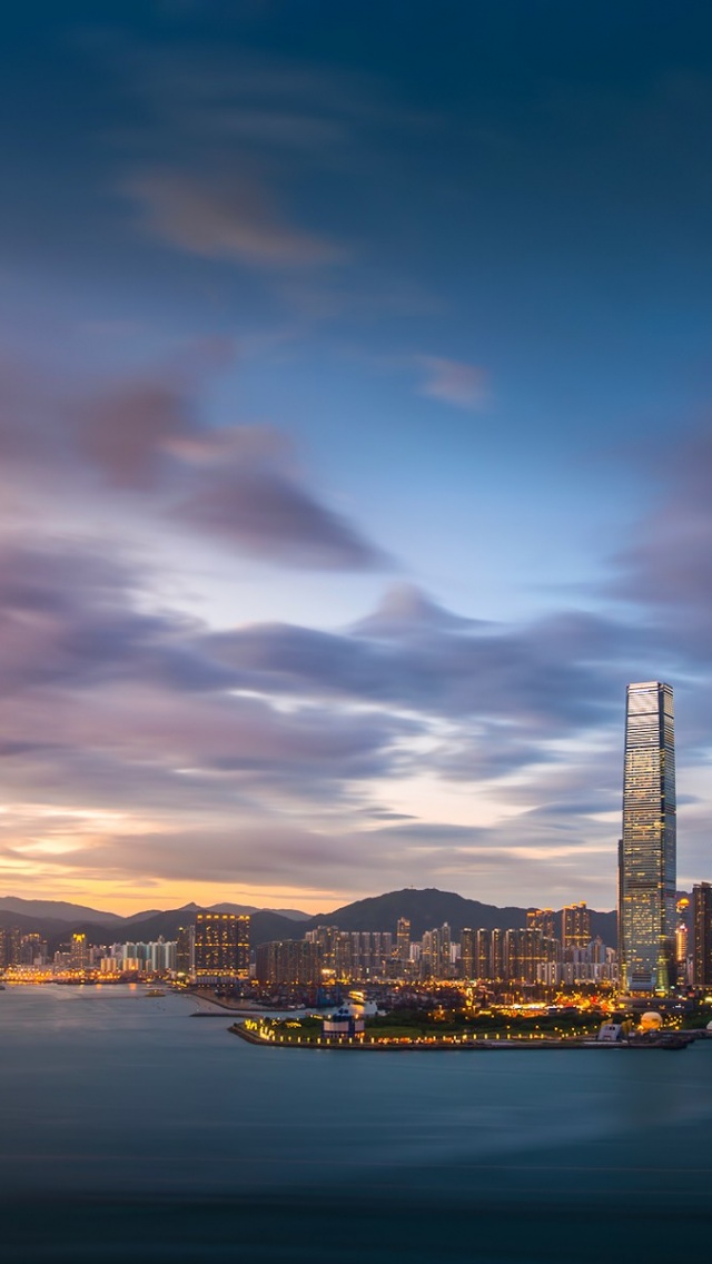 Hong Kong Evening Sunset Sky Clouds Bay Building Fires Port Metropolis City