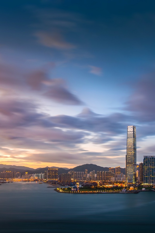 Hong Kong Evening Sunset Sky Clouds Bay Building Fires Port Metropolis City