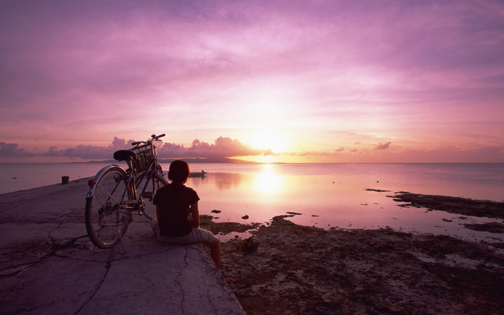 Japan Okinawa Coastal Sunset Evening Bicycle Nature Landscapes