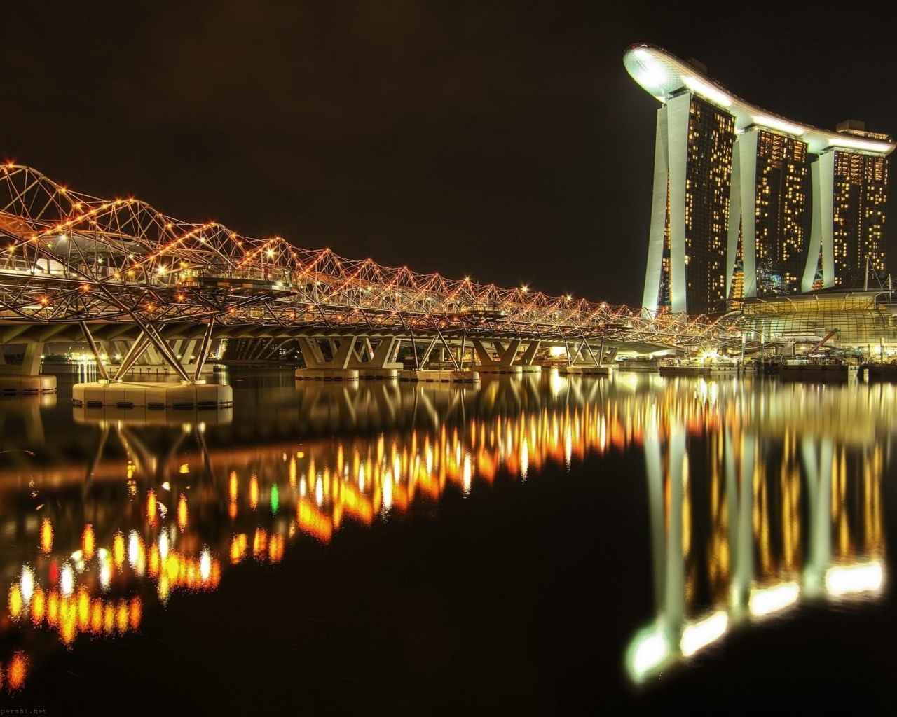 Marina Bay Sands Hotel Bridge Night River Singapore