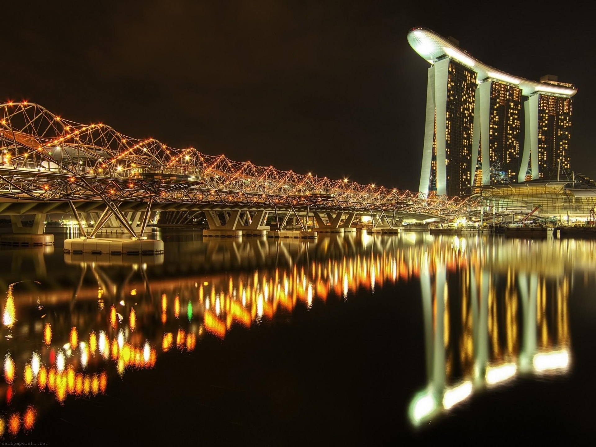 Marina Bay Sands Hotel Bridge Night River Singapore