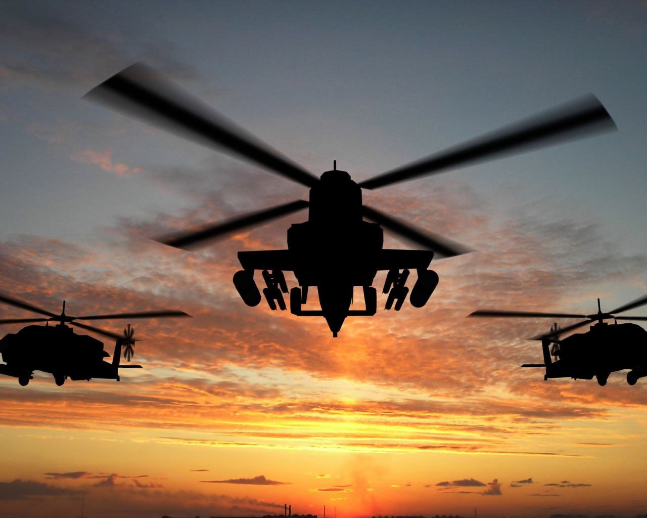 Military Helicopters And Sunset