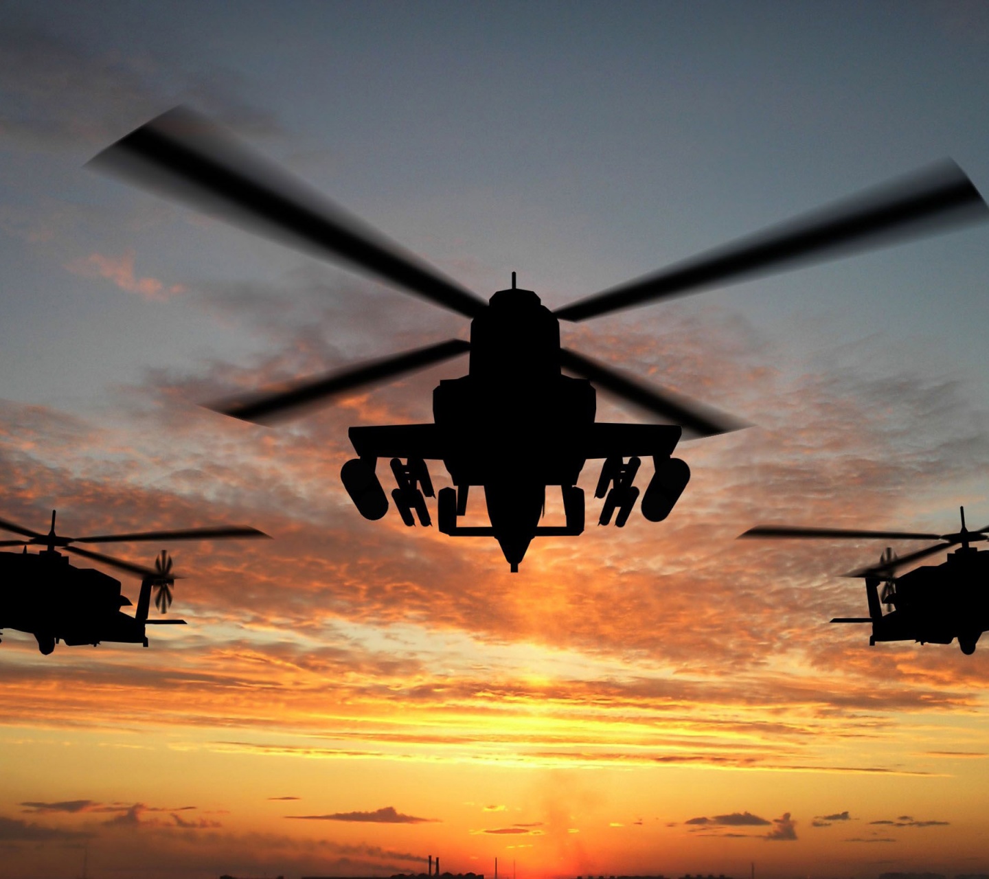 Military Helicopters And Sunset