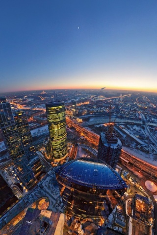 Moscow City The Evening Lights Moon Horizon