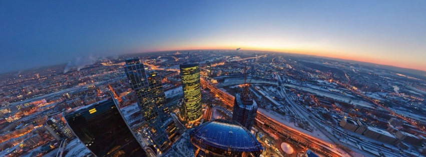 Moscow City The Evening Lights Moon Horizon