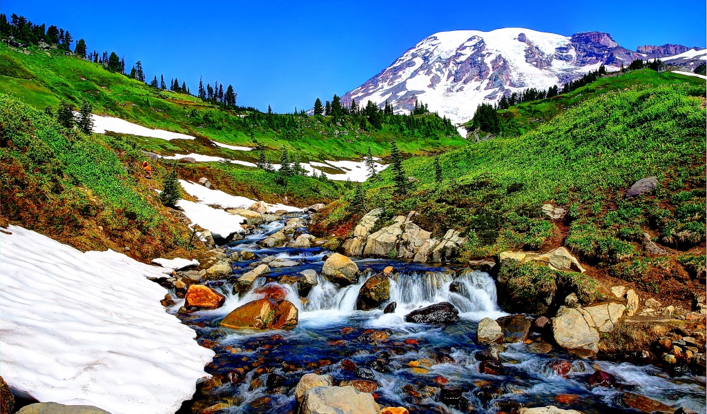 Mountain Stream And Melted Snow