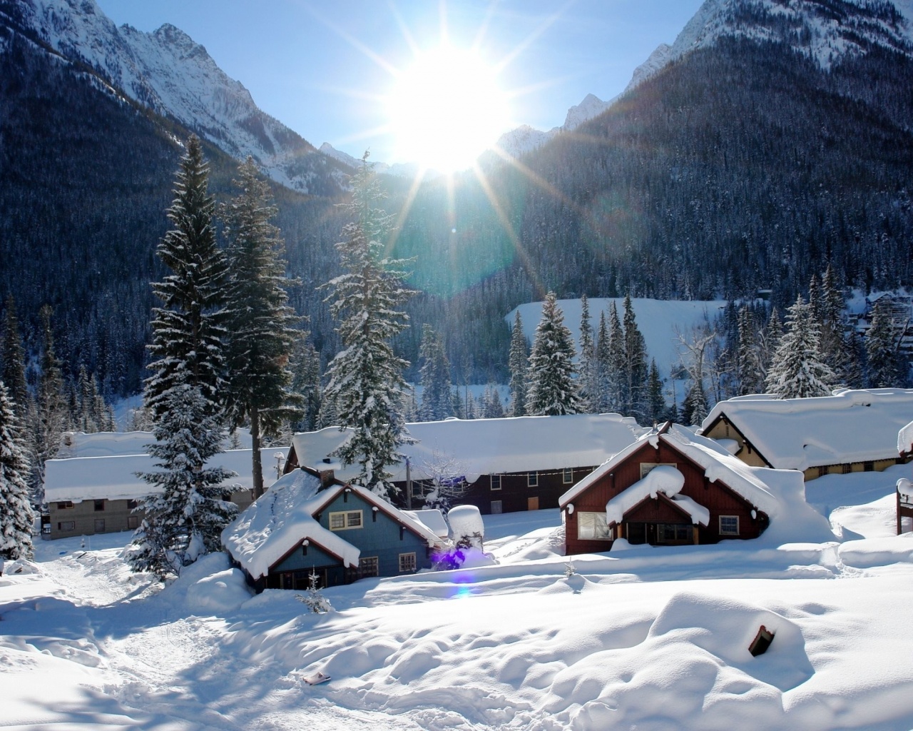 Mountains Houses Snow Winter