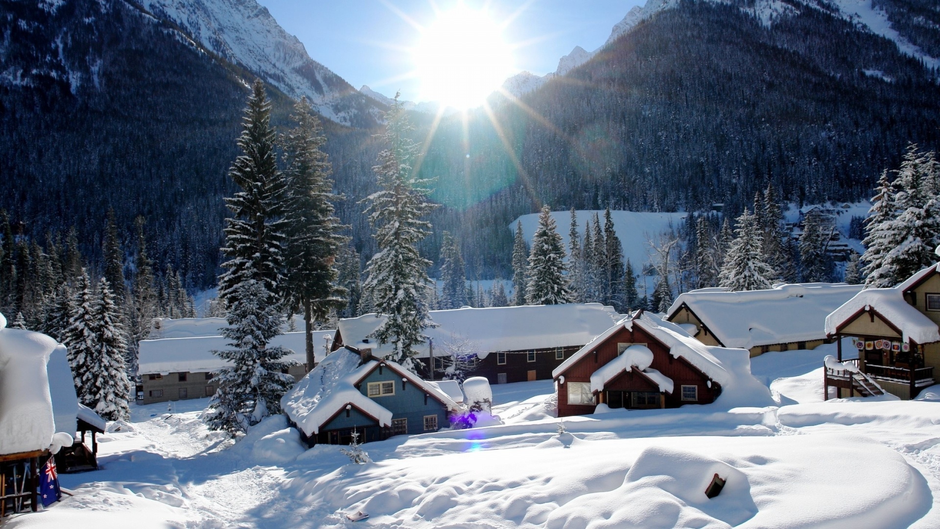 Mountains Houses Snow Winter